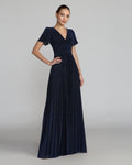 Petite Midnight Pleated Metallic Flutter Sleeve A Line Gown