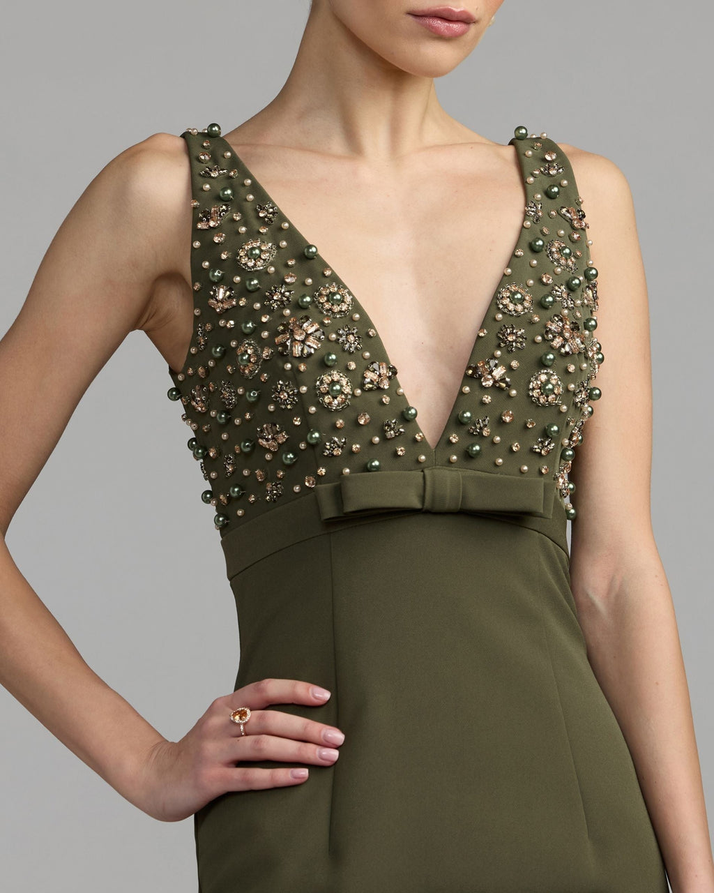 Olive Embellished Deep V-Neck Crepe Gown With Bow