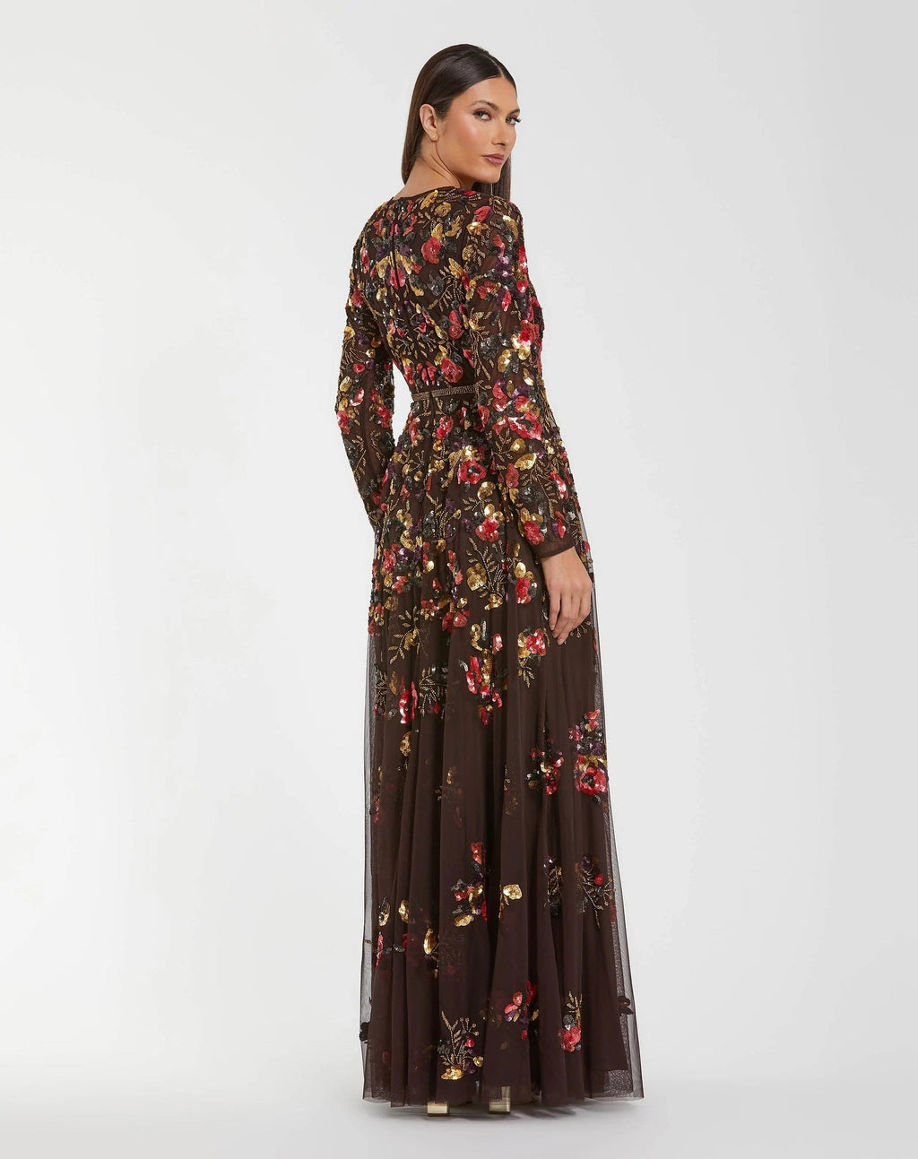 Espresso Multi Long Sleeve Floral Embellished Evening Gown