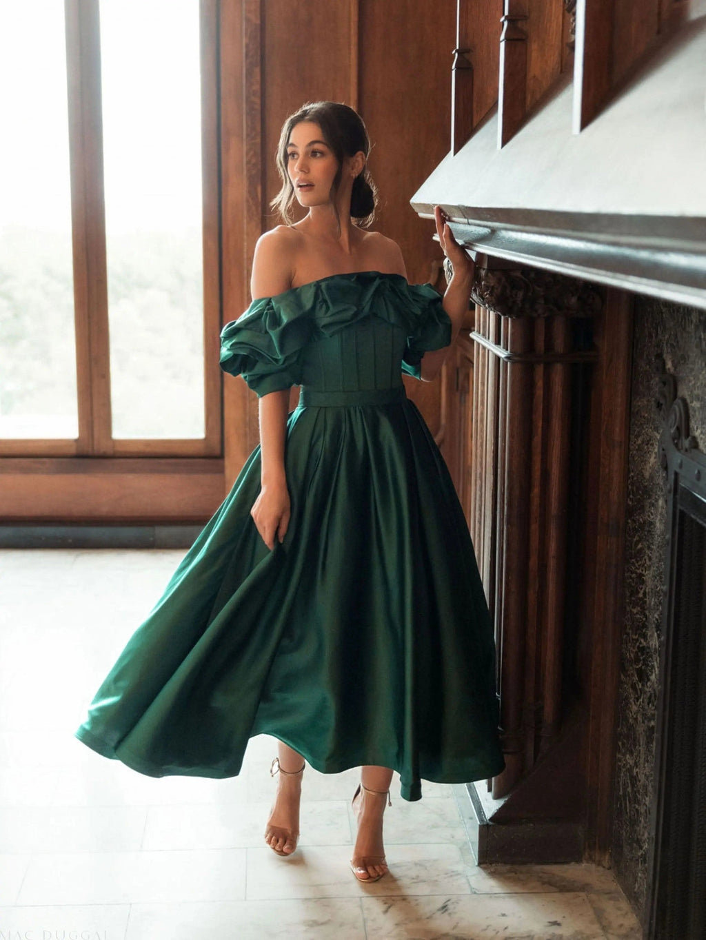 Green Off The Shoulder Tea Length Dress