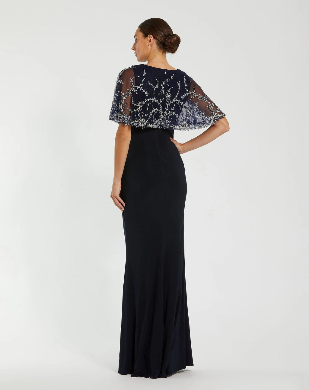 Navy Fitted Jersey Gown with Embellished Cape