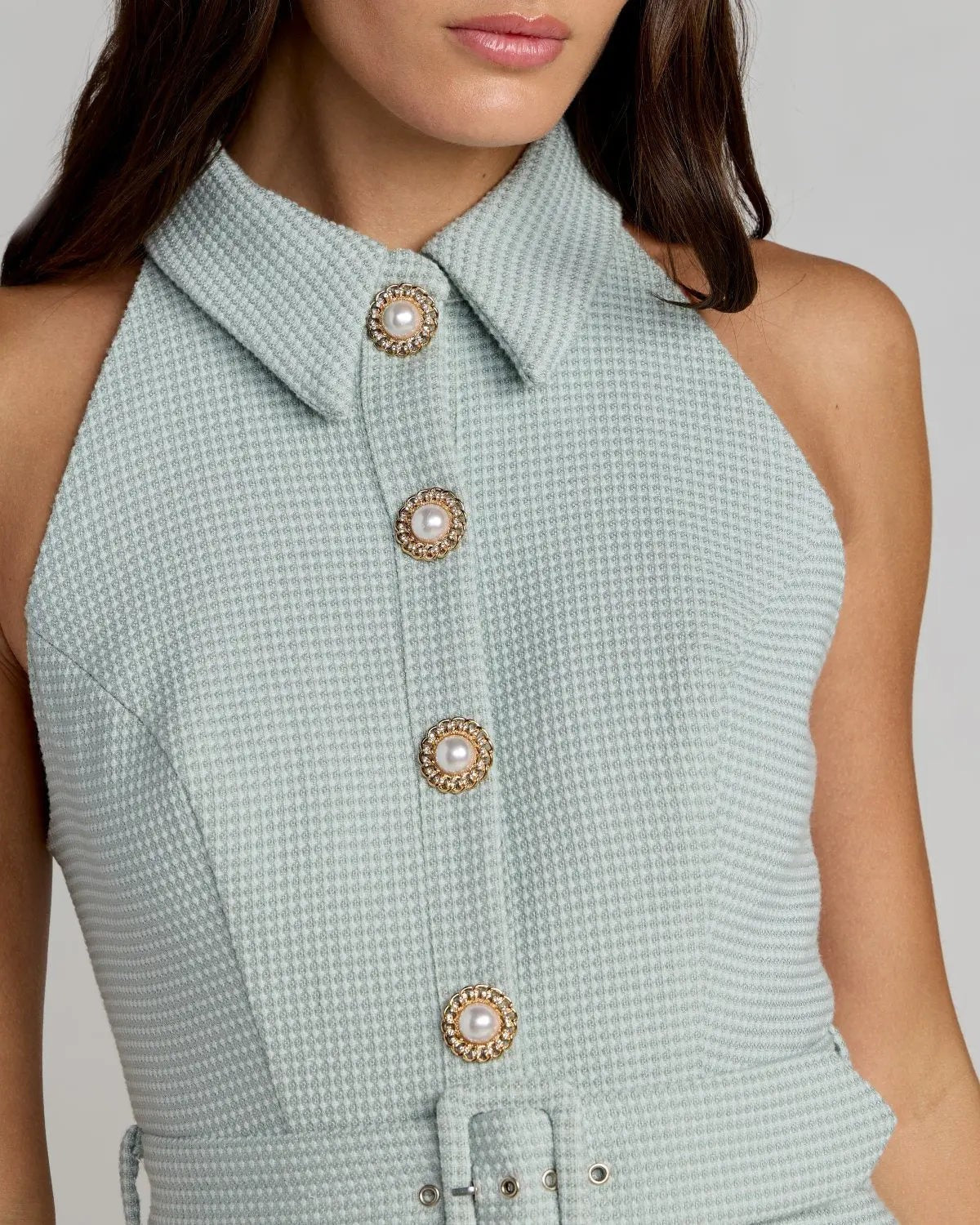 Sage Pleated A-Line Mini Dress With Pearl Buttons