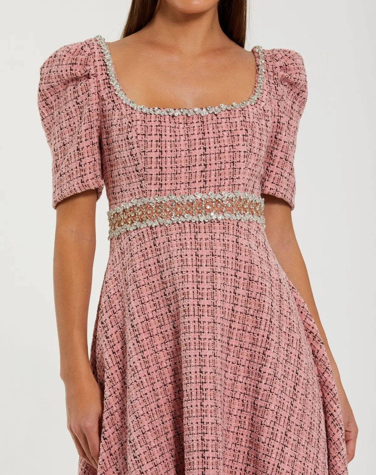 Pink Multi Puff Sleeve Boucle Midi Dress With Beaded Belt