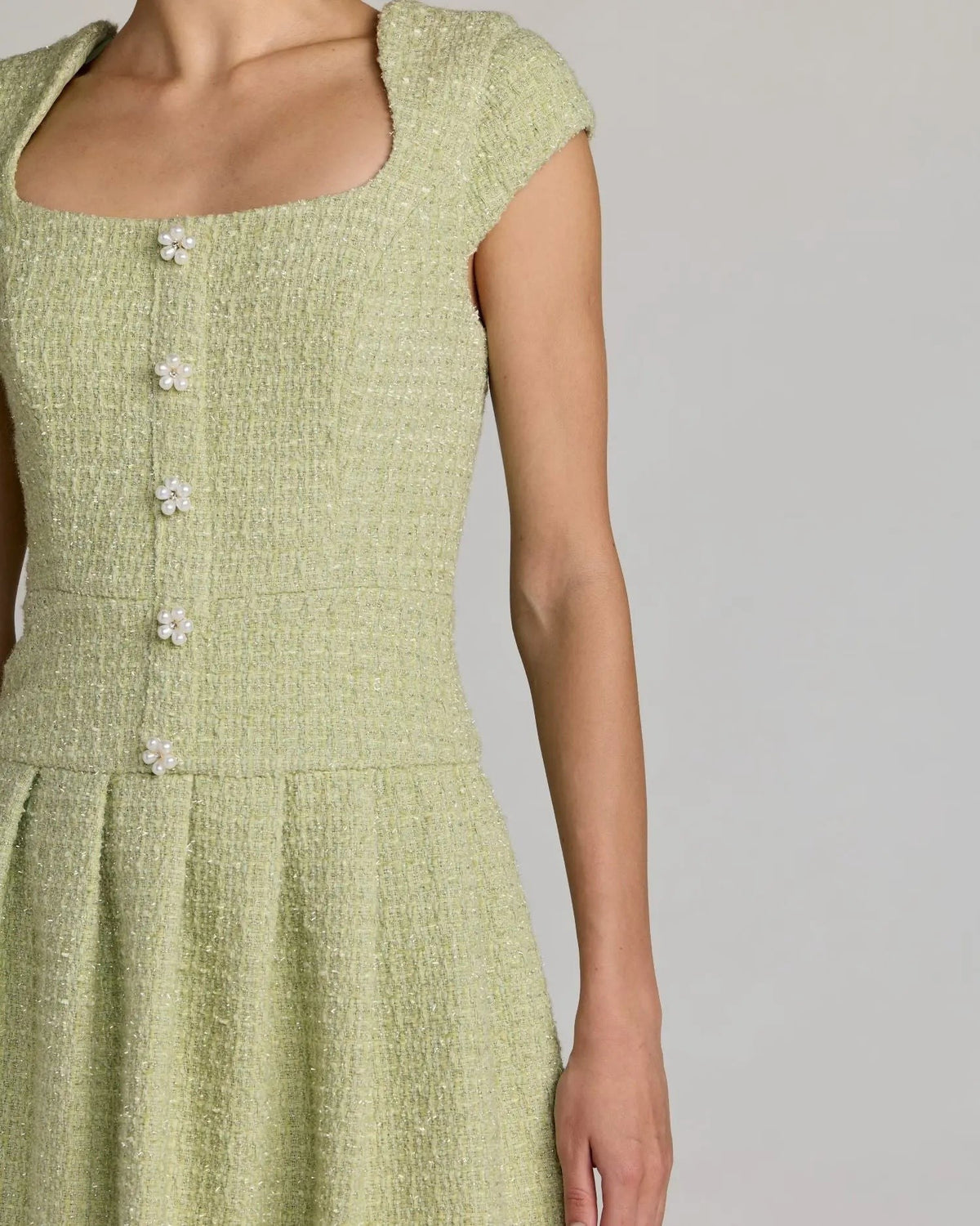 Sage Tweed Cap Sleeve Pleated Mini Dress