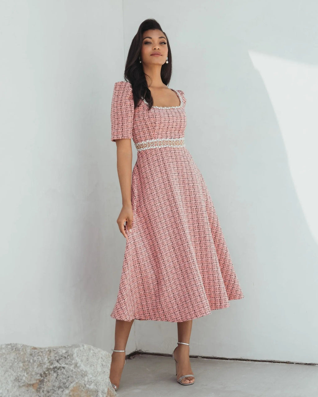 Pink Multi Puff Sleeve Boucle Midi Dress With Beaded Belt