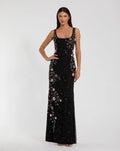 Black Floral Beaded Scoop Neck Sleeveless Gown