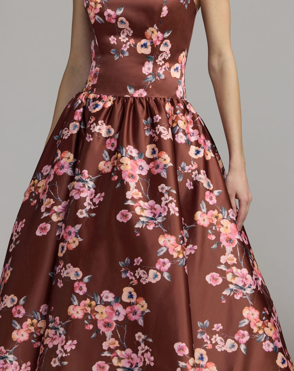Bordeaux Multi Floral Print Strapless Midi Dress