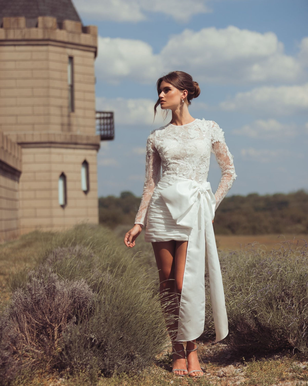 Ivory Embroidered Long Sleeve Taffeta Mini Dress