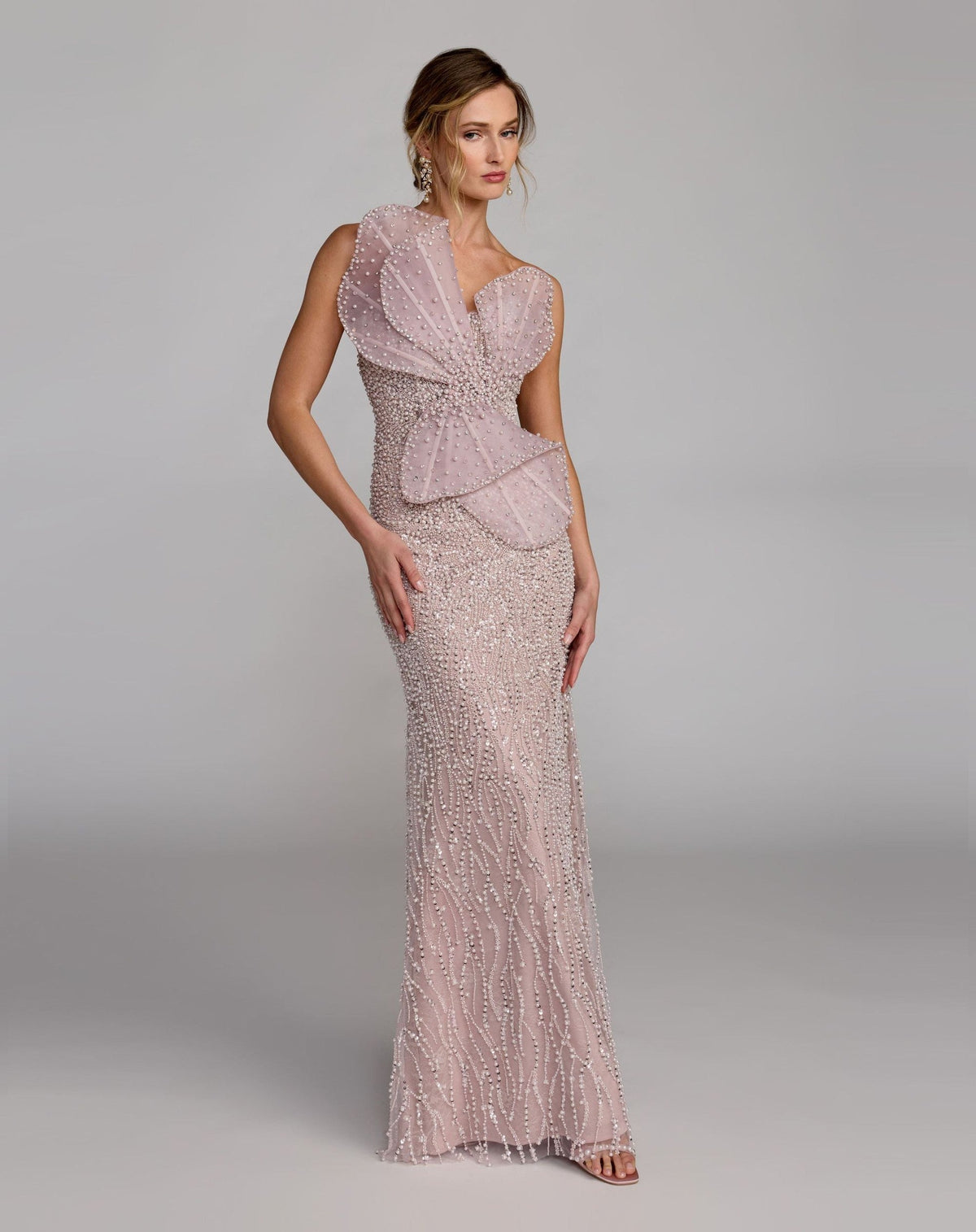 Mocha Strapless Embellished Column Gown With 3D Petals