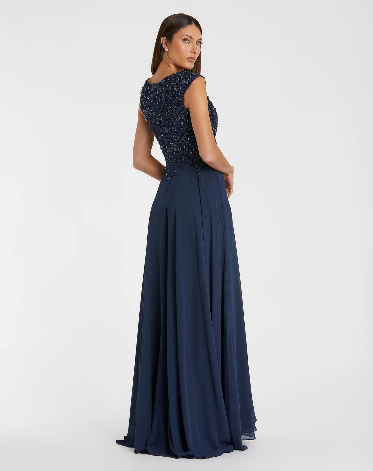Navy Cap Sleeve Applique Bodice Flowy Gown