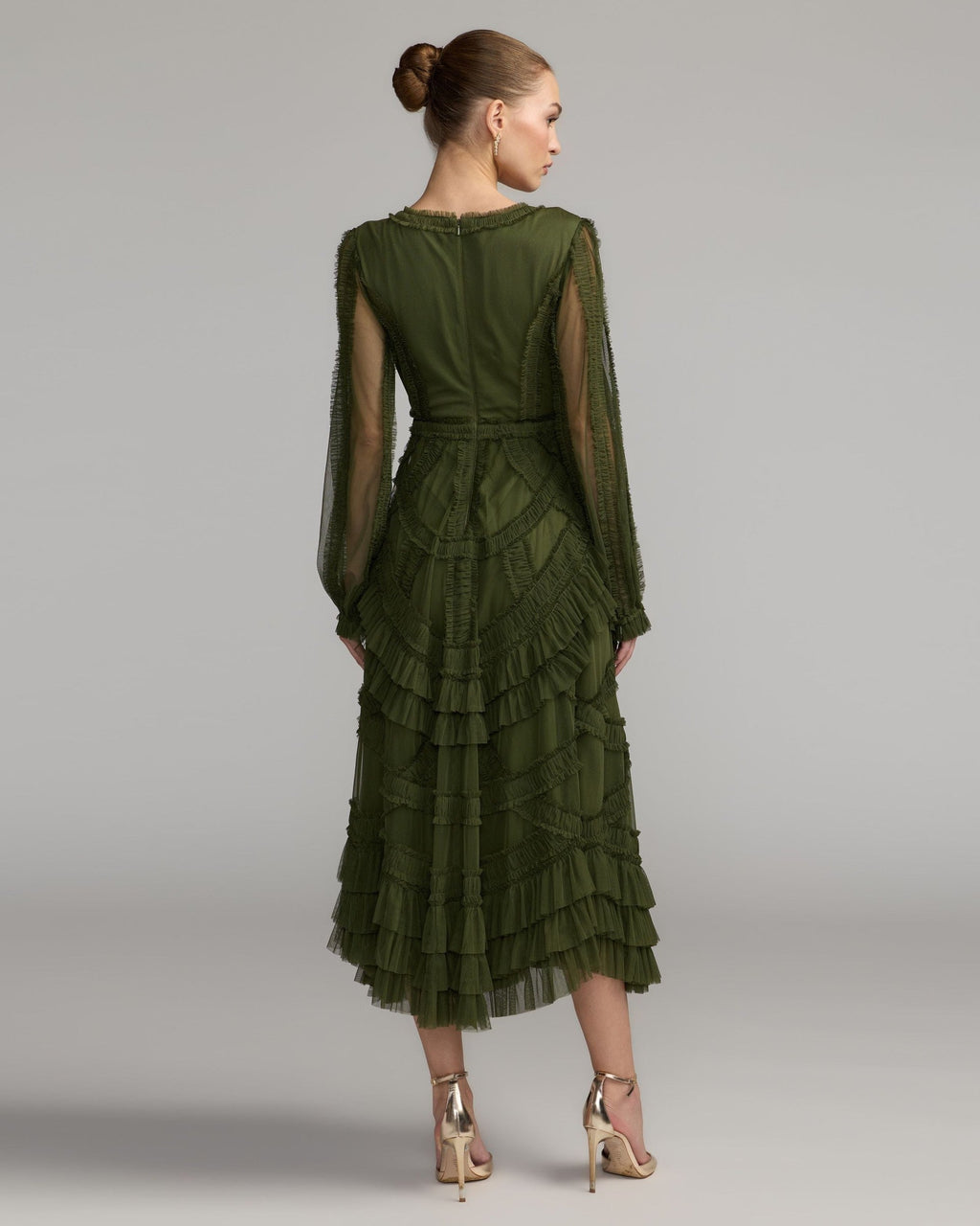 Petite Olive Long Sleeve V-Neck Micro Ruffle Midi Dress