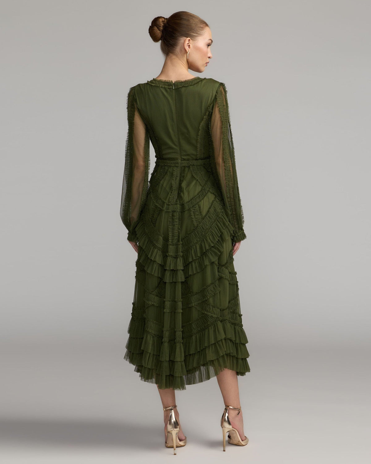 Petite Olive Long Sleeve V-Neck Micro Ruffle Midi Dress