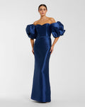 Blue Off The Shoulder Puff Sleeve Satin Evening Gown