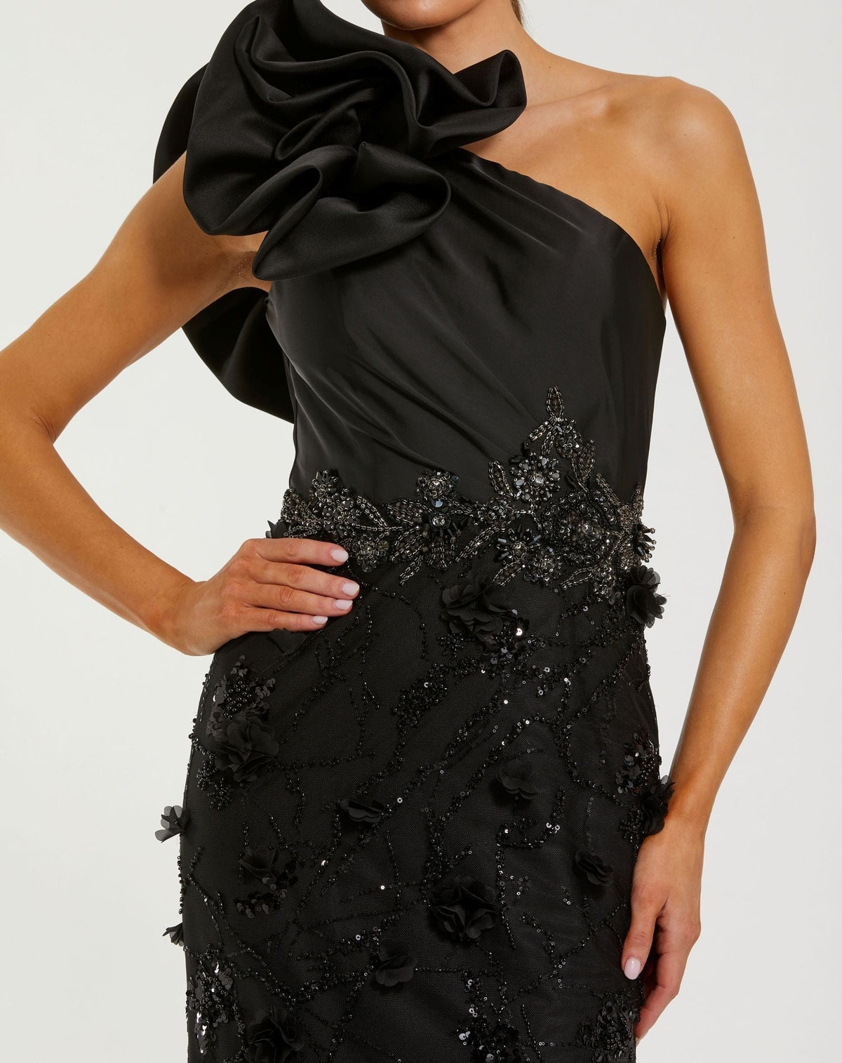 Black Ruffle One Shoulder Embellished Evening Gown