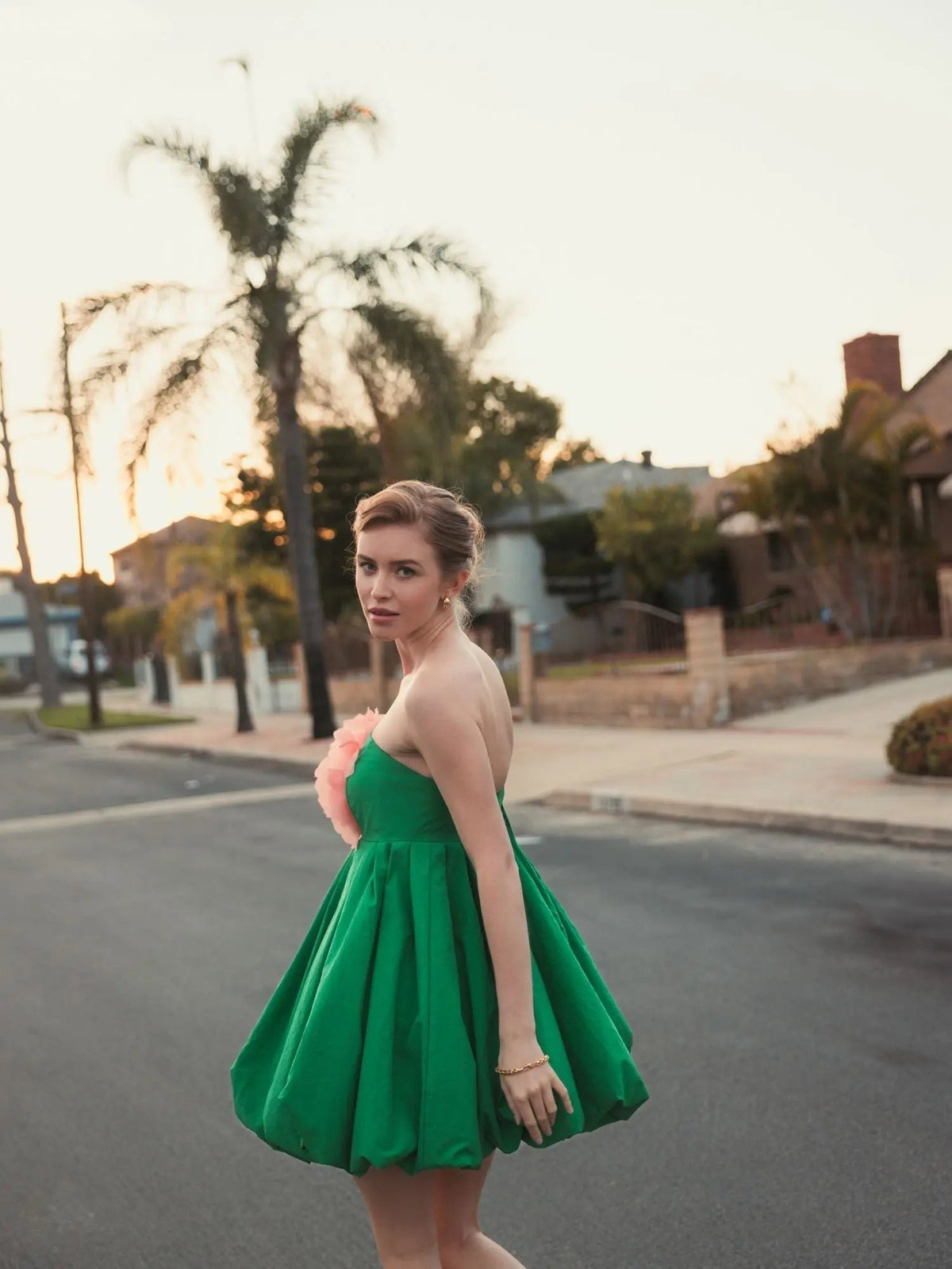 Green Strapless Faille Mini Dress With 3D Flower