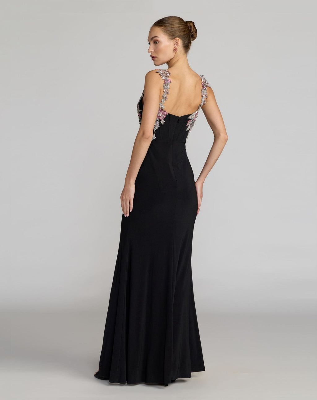 Black Multi Sweetheart Jersey Gown With Beaded Flowers