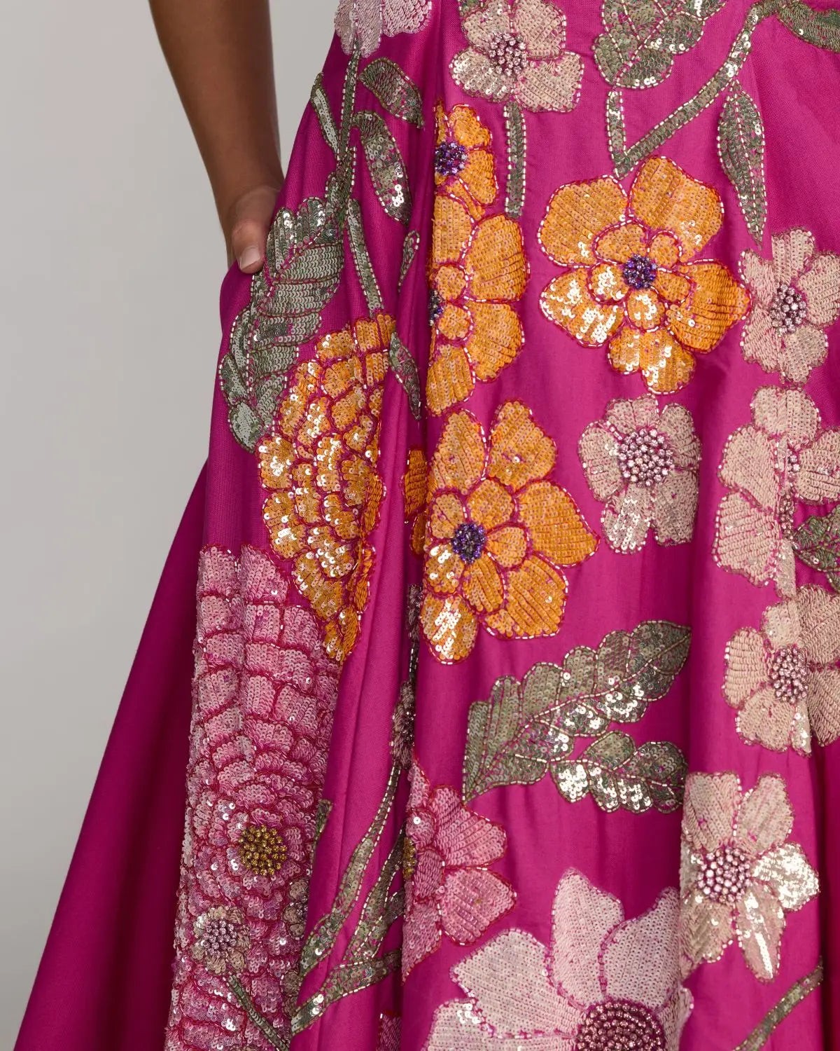 Hot Pink Multi Strapless Floral Embellished Midi Dress