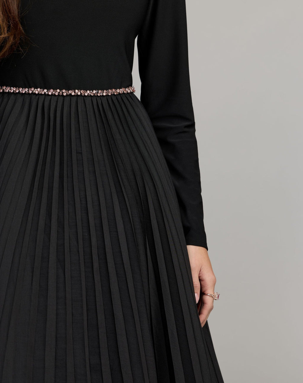 Black Pleated Organza Gown With 3D Flower