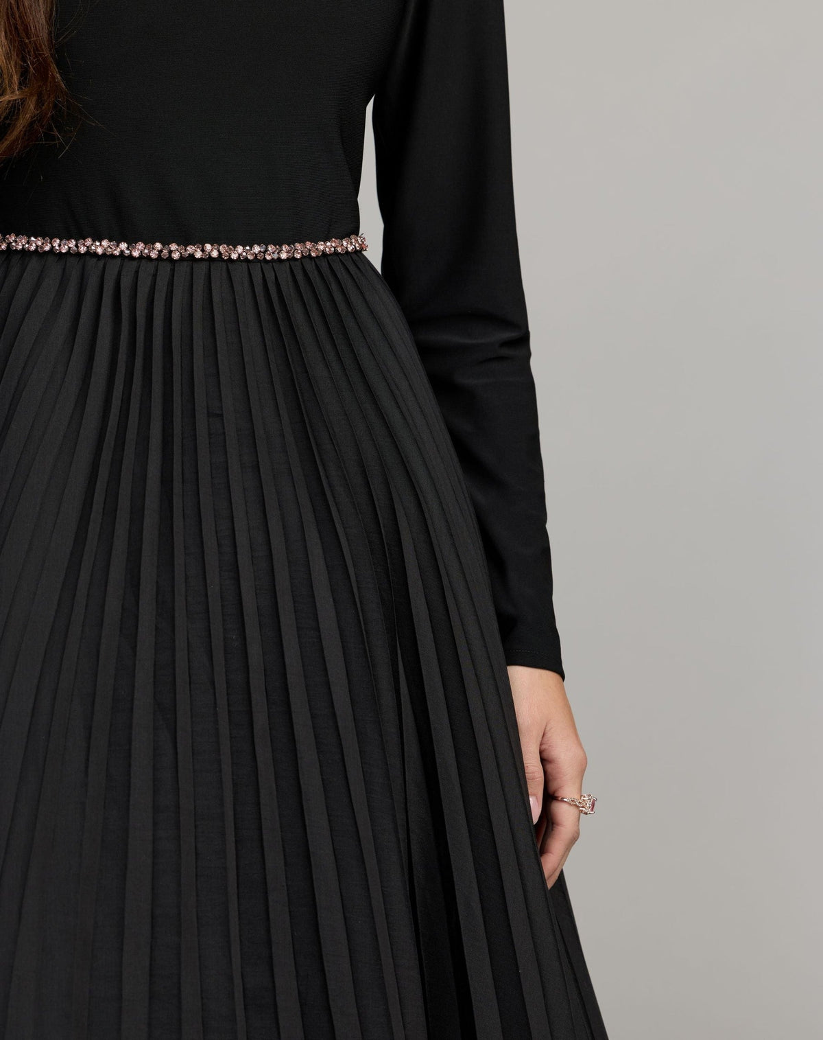 Black Pleated Organza Gown With 3D Flower