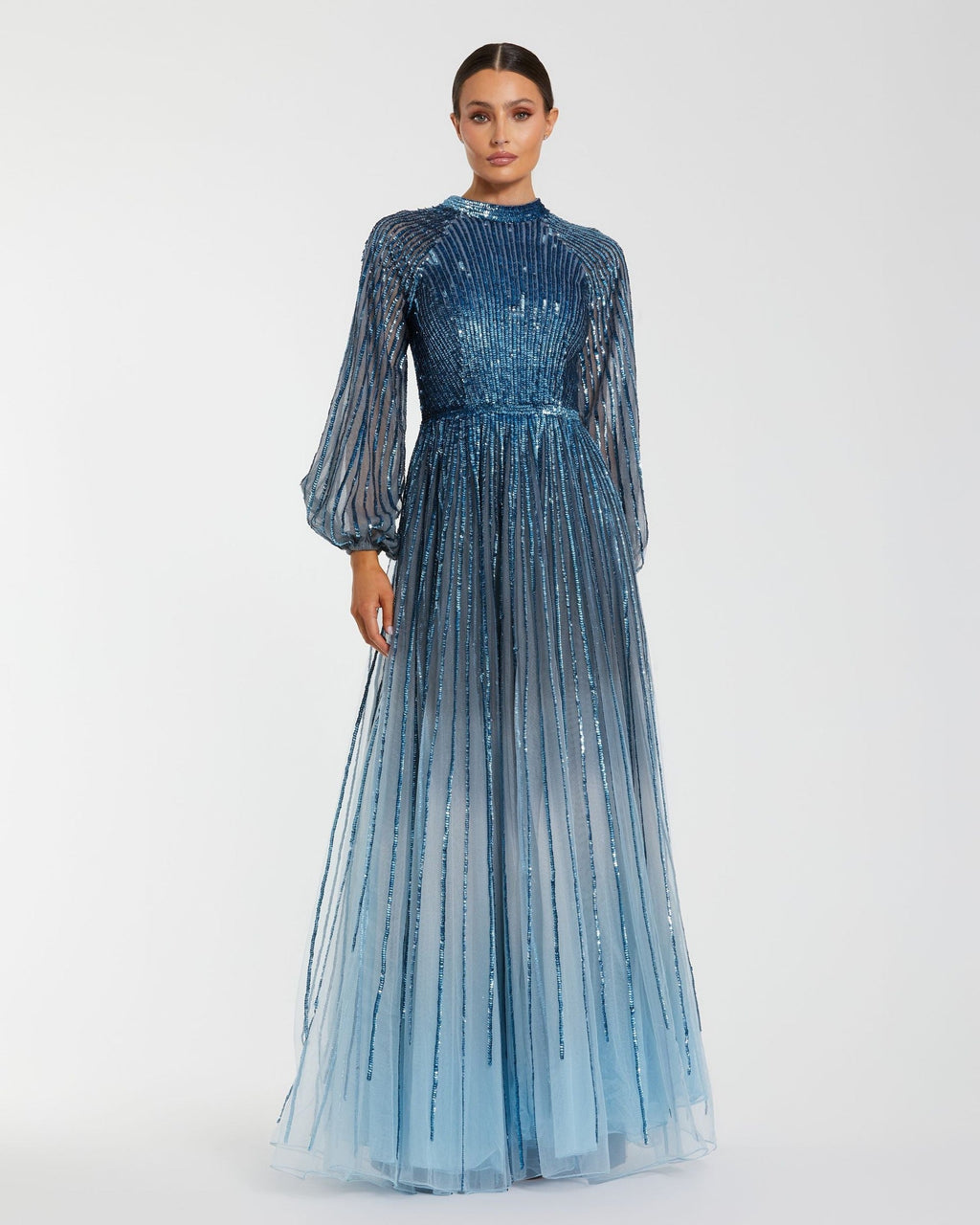 Petite Blue Ombré Sequin Long Sleeve A-Line Evening Dress