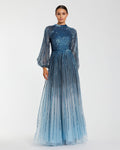 Petite Blue Ombré Sequin Long Sleeve A-Line Evening Dress