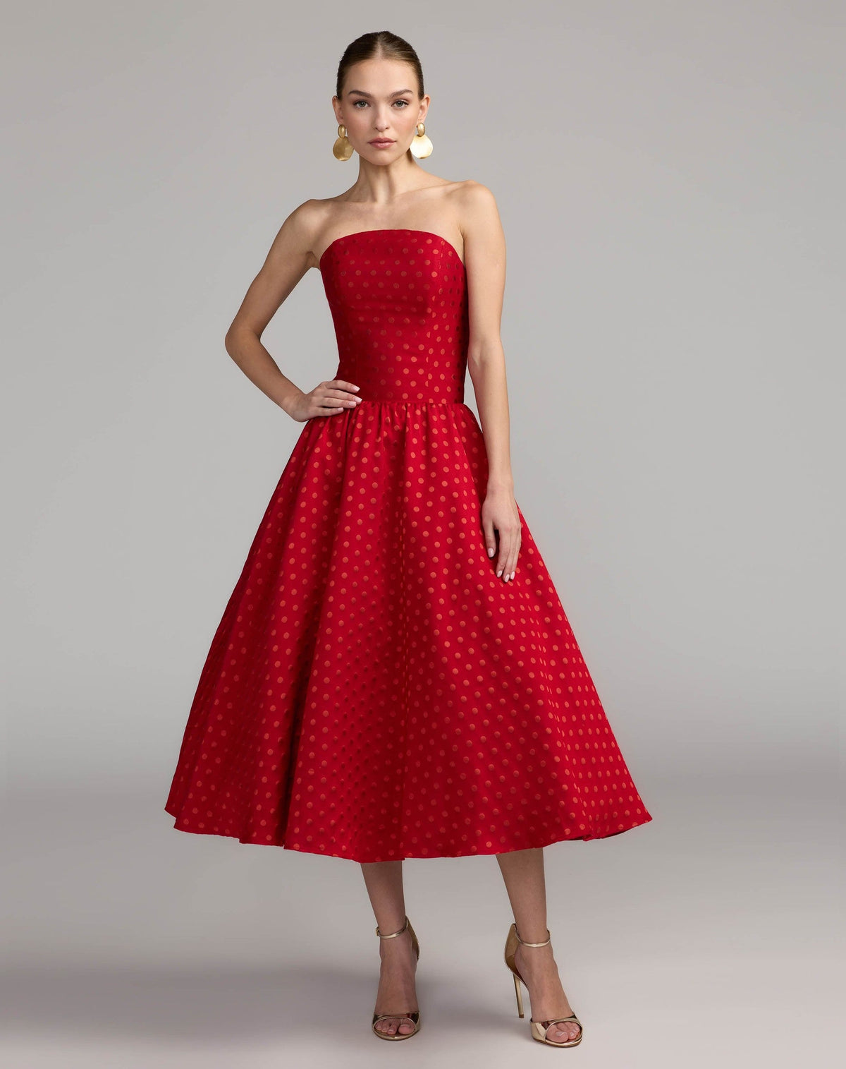 Red Multi Strapless Polka Dot Brocade Midi Dress