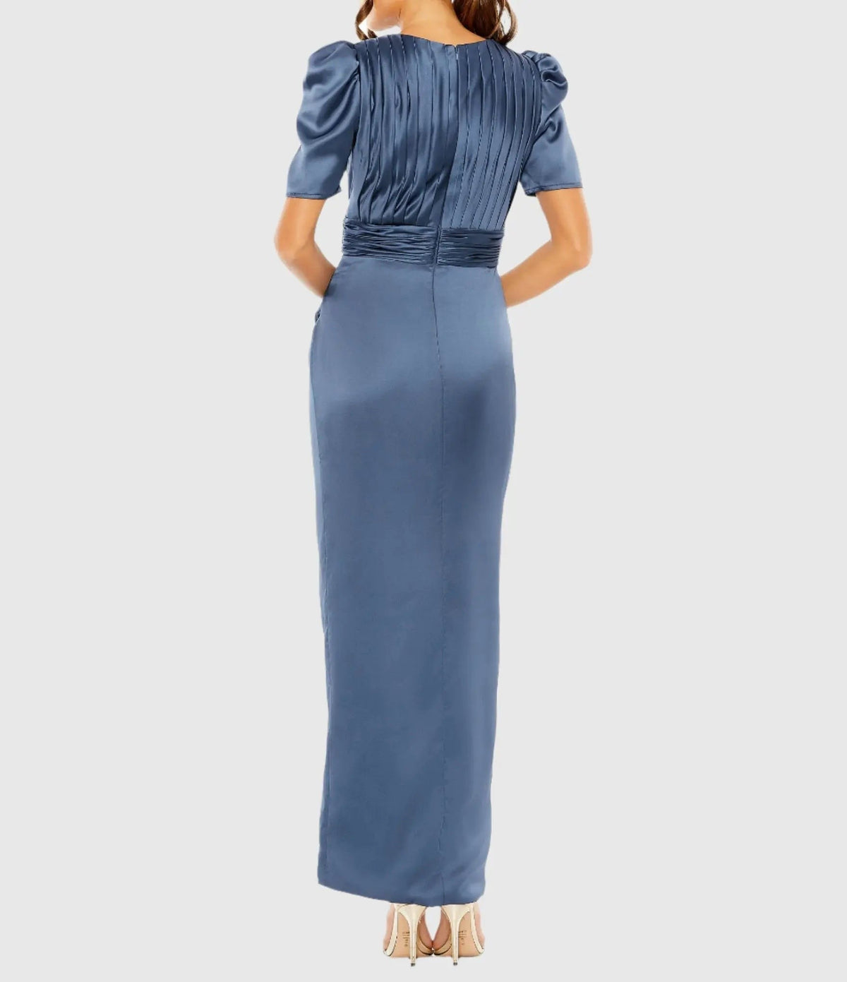 Blue Puff Sleeve Pleated Bodice Draped Gown