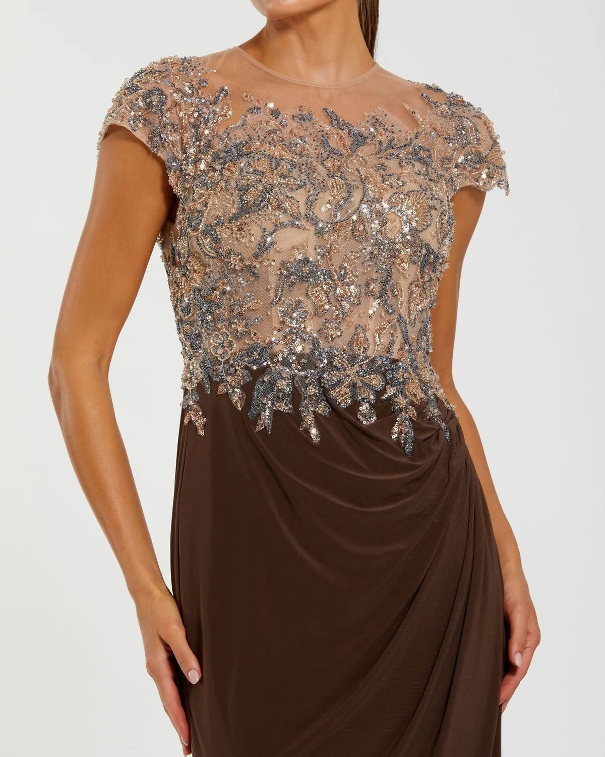 Chocolate Illusion High Neck Embellished Jersey Gown
