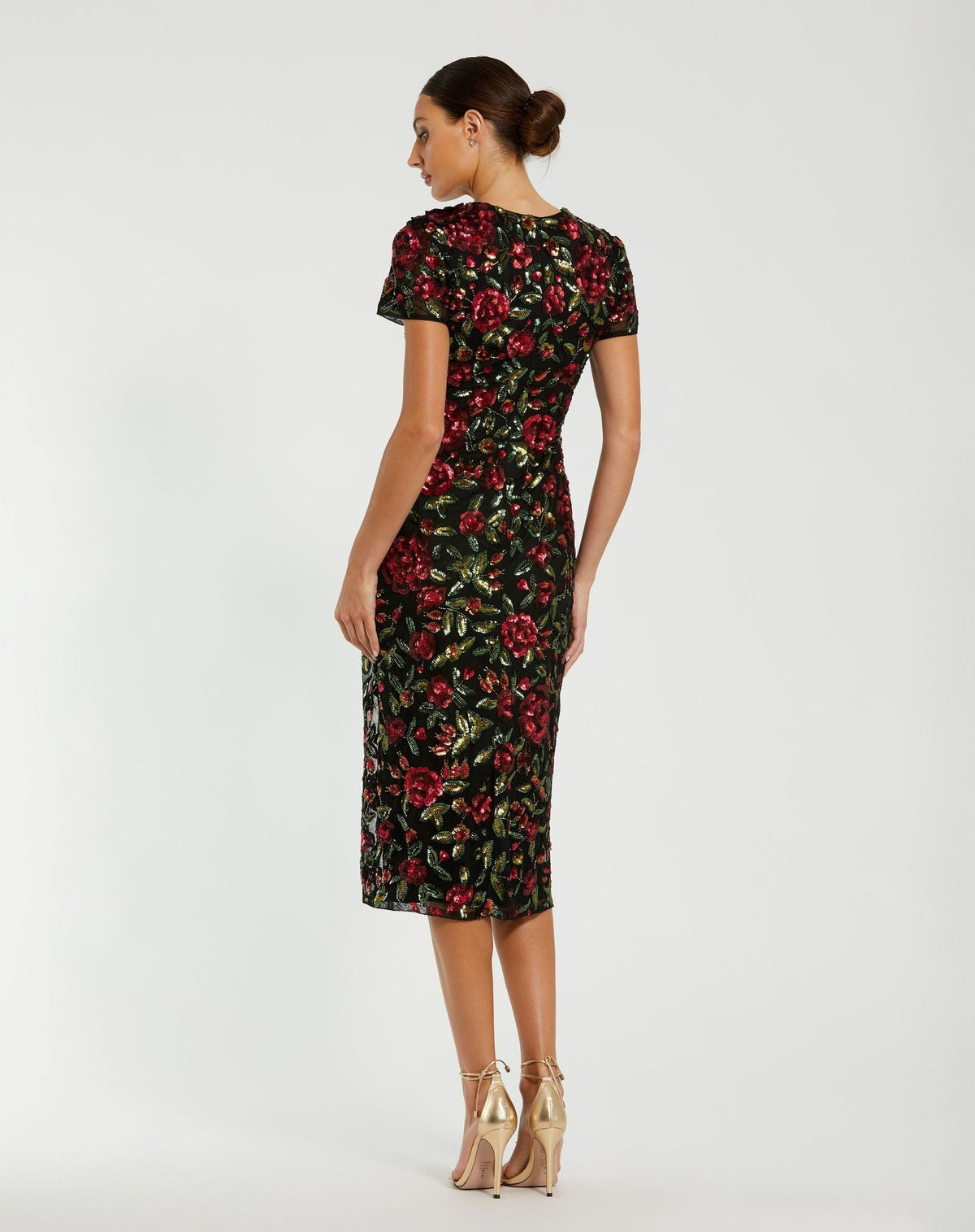 Black High Neck Floral Embellished Midi Dress
