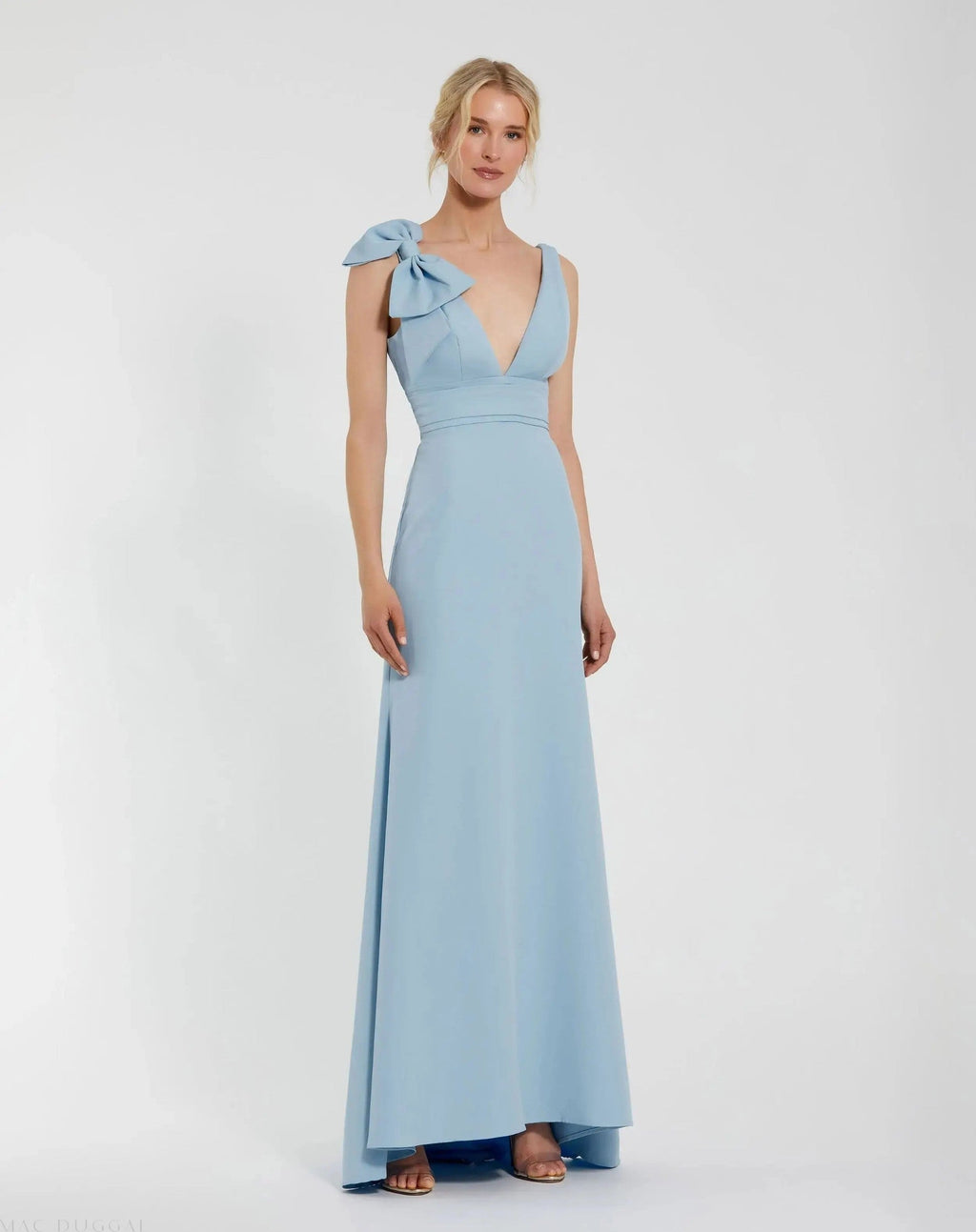 Powder Blue Sleeveless V Neck Bow Detail Mermaid Gown