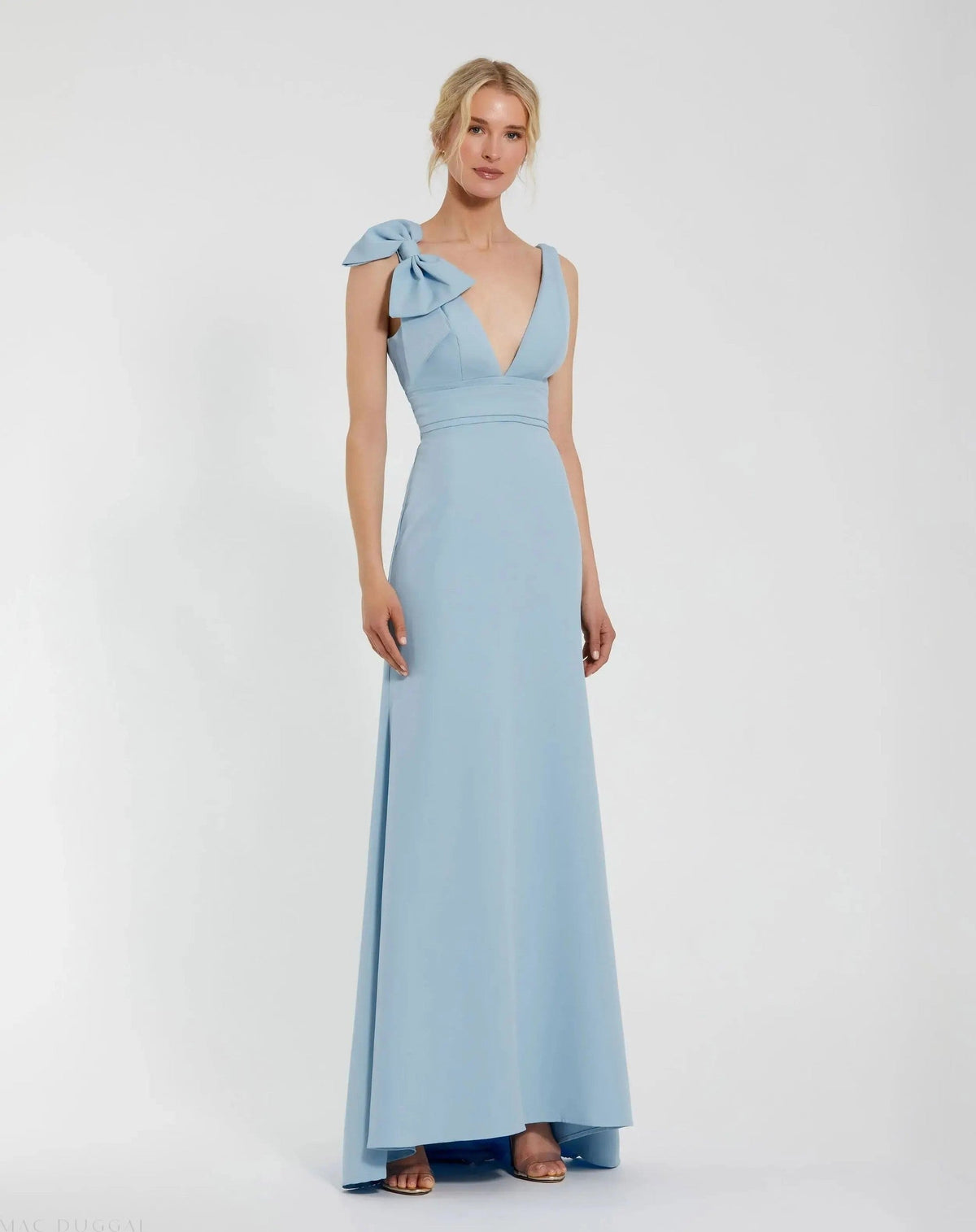 Powder Blue Sleeveless V Neck Bow Detail Mermaid Gown
