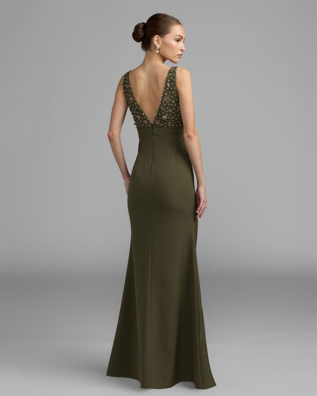 Olive Embellished Deep V-Neck Crepe Gown With Bow