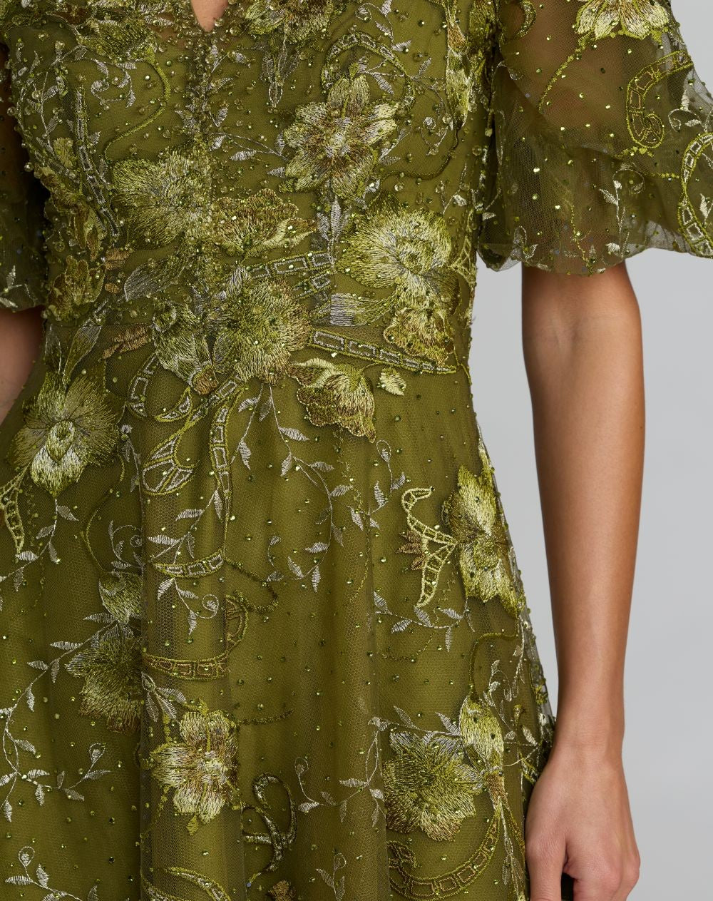 Olive Queen Anne Puff Sleeve Embroidered A-Line Gown