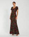Black Multi Floral Sequin Scoop Neck Trumpet Gown