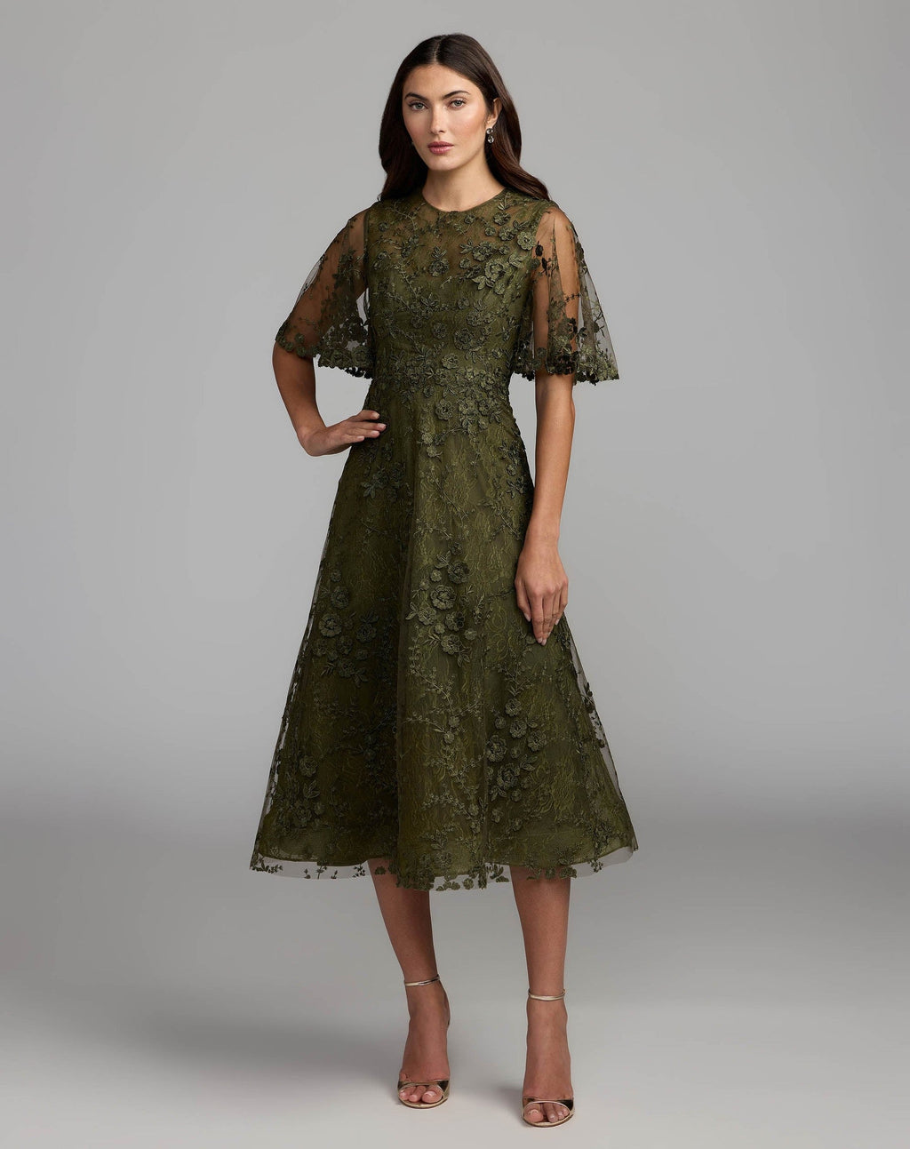 Olive Flutter Sleeve Embroidered Midi Dress