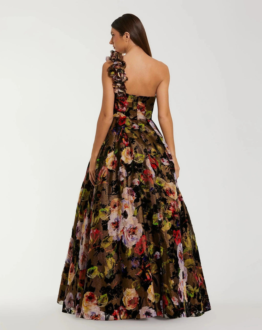 Black Multi Floral Velvet Ball Gown With Pockets