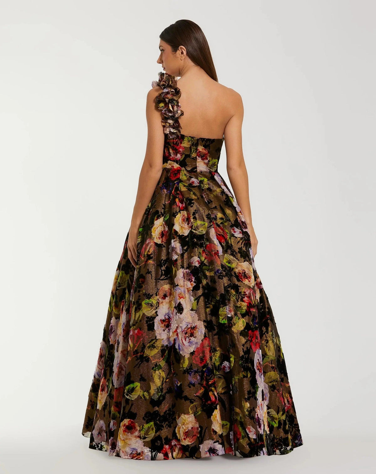 Black Multi Floral Velvet Ball Gown With Pockets