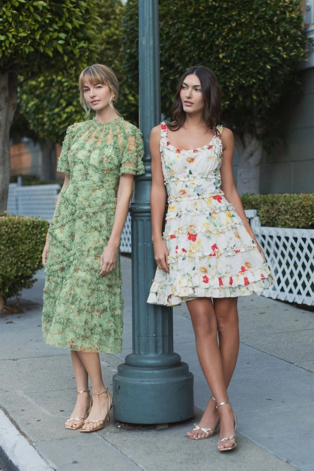 Sage Multi Floral Midi Dress with Ruffle Detailing