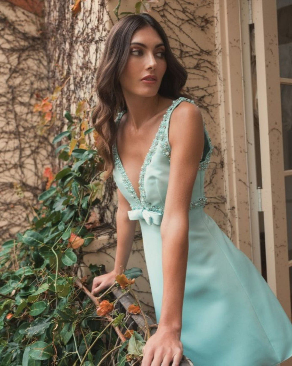 Mint Embellished A-Line Mini Dress With Bow