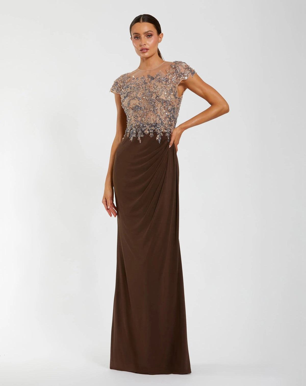 Chocolate Illusion High Neck Embellished Jersey Gown