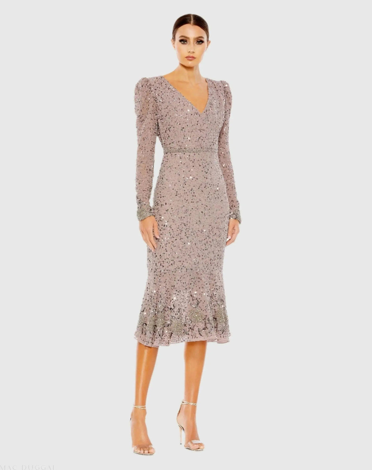 Sequin Dress with Embellished Hemline and Belt