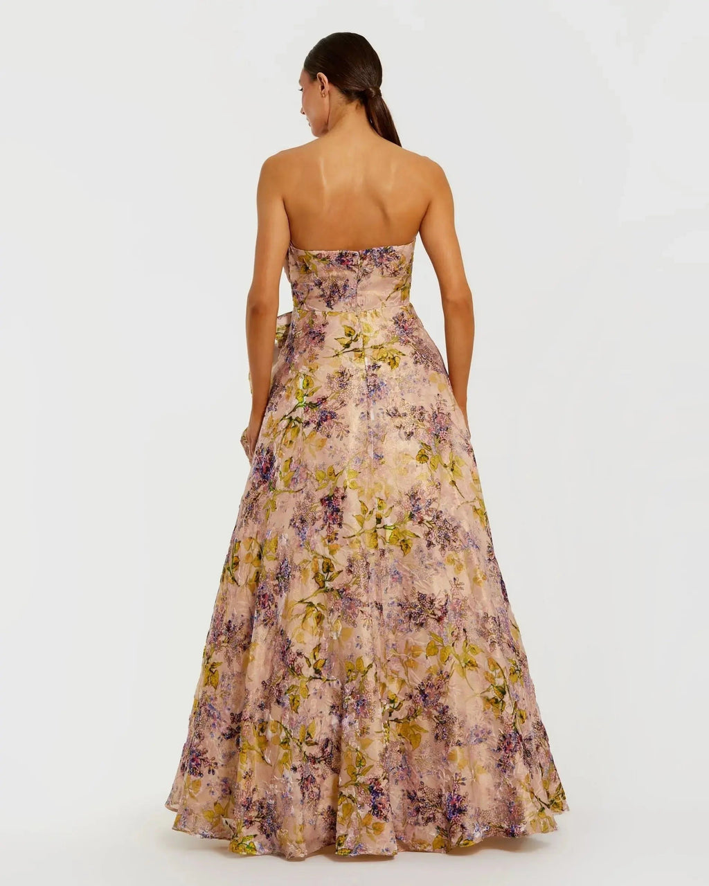 Blush Multi Strapless Floral Ball Gown With Ruffle Detail