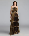 Antique Gold Strapless Pleated Metallic Ruffle Gown