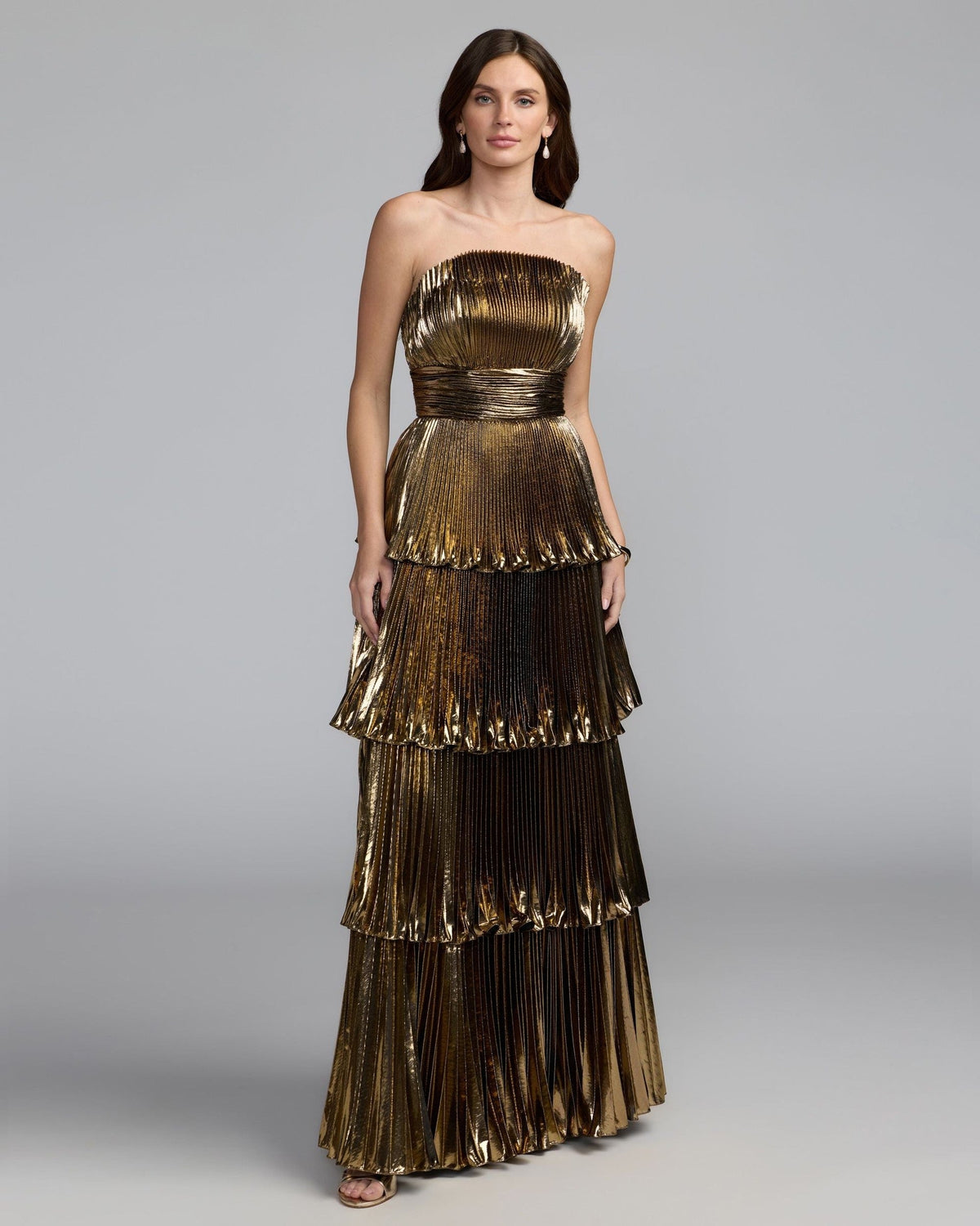 Antique Gold Strapless Pleated Metallic Ruffle Gown