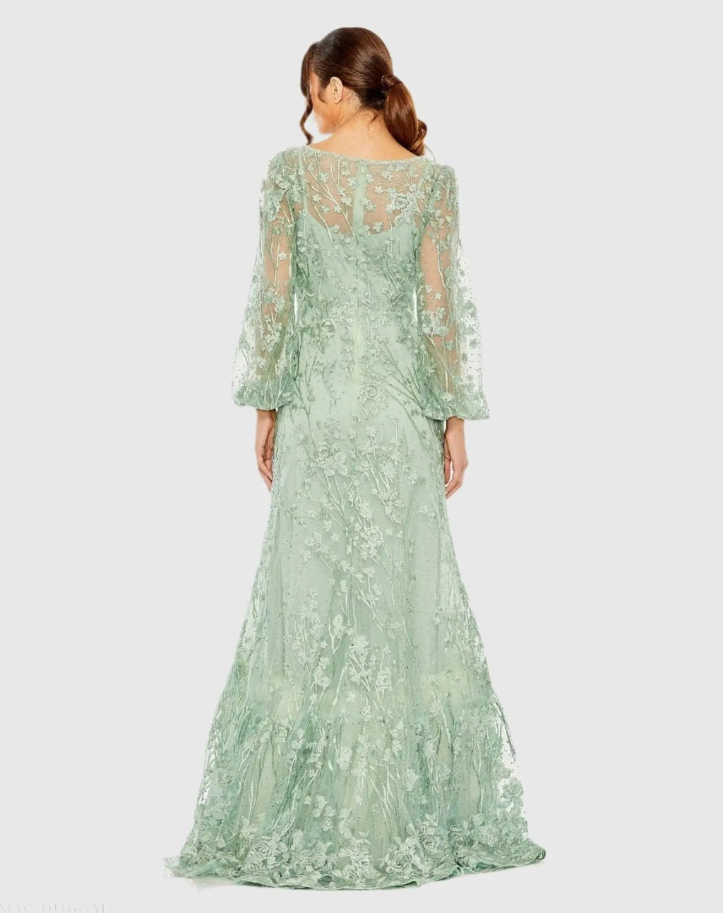 Green Puff Sleeve A-Line Embroidered Gown