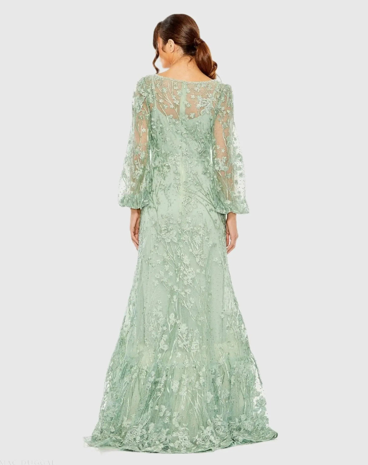 Green Puff Sleeve A-Line Embroidered Gown
