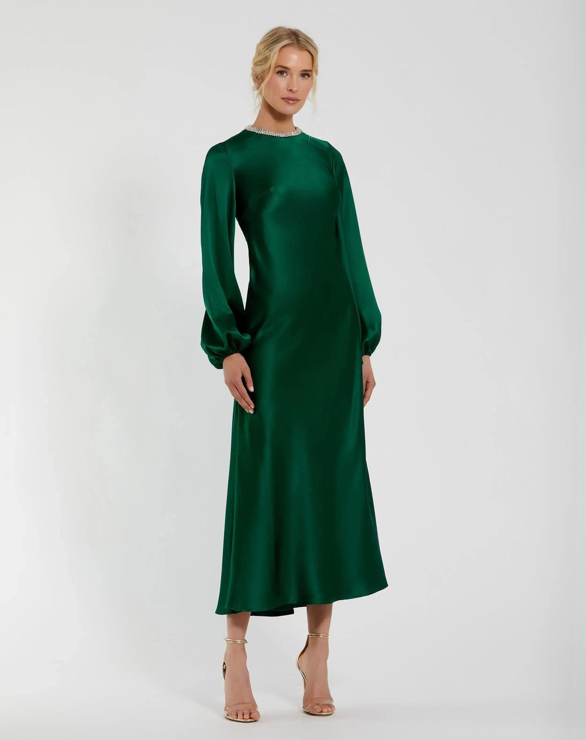 Emerald Rhinestone Neckline Satin Midi Dress