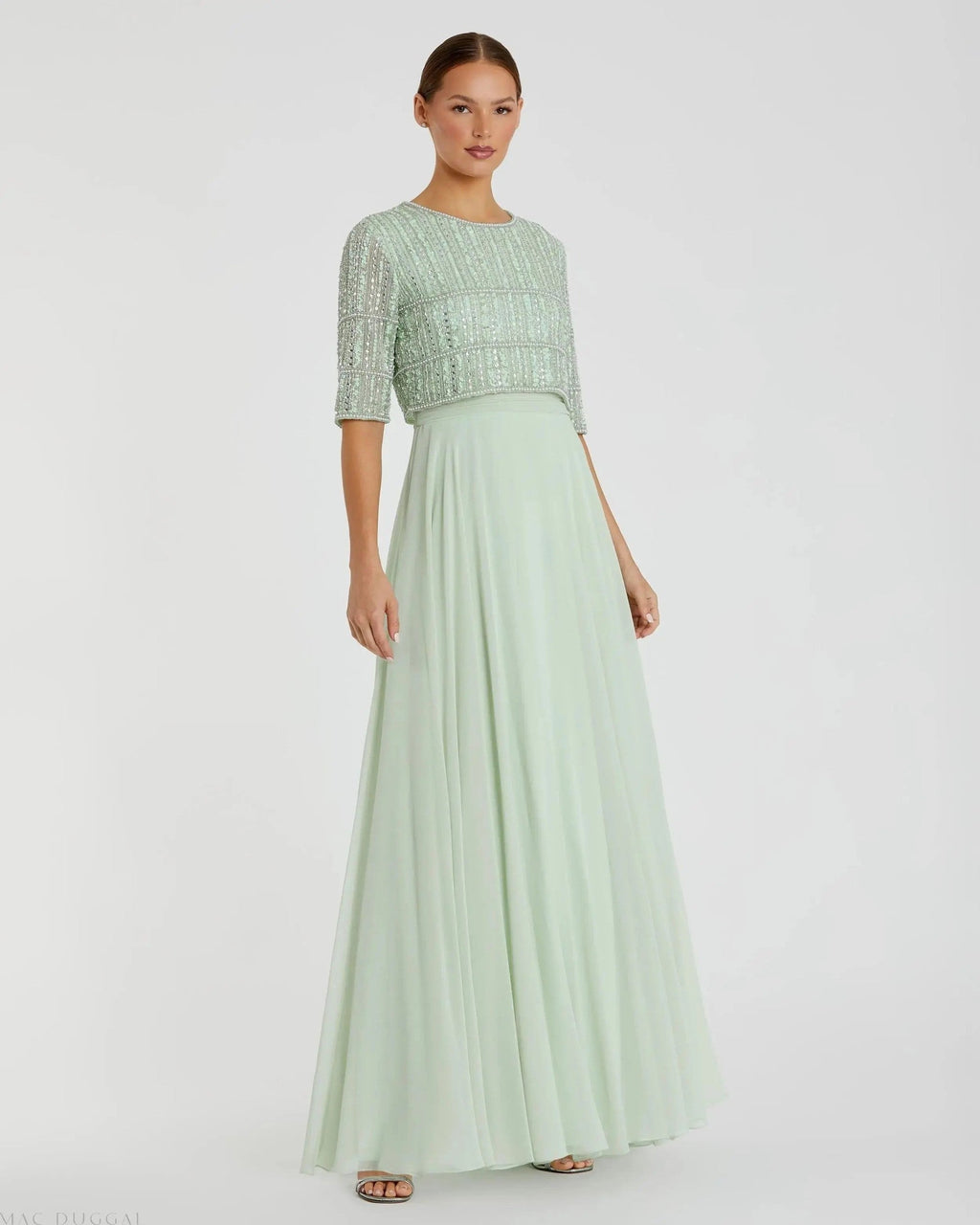Chiffon Gown w/ Fully Beaded 3/4 Sleeve Top