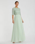 Chiffon Gown w/ Fully Beaded 3/4 Sleeve Top