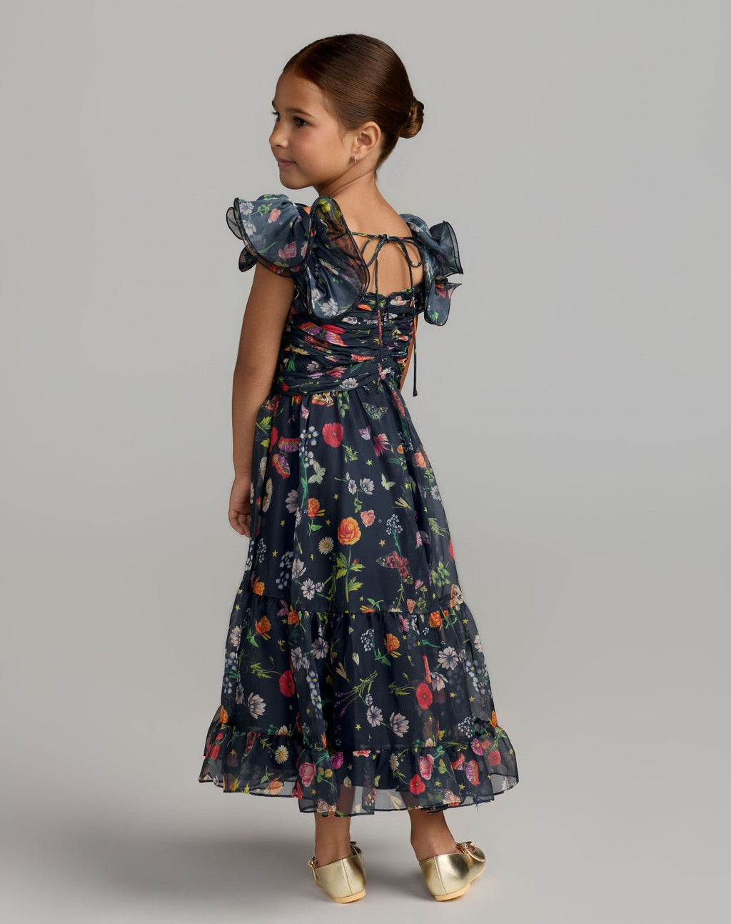 Girls Midnight Multi Floral Chiffon Ruffle Shoulder Dress